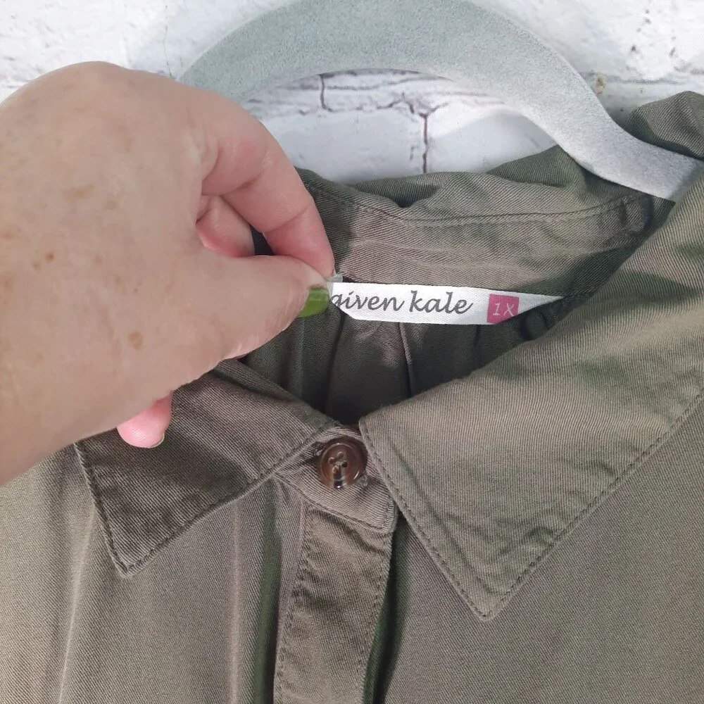 Given Kale Shirt Dress Green Collared Short Sleeve Button Front - Picture 5 of 9